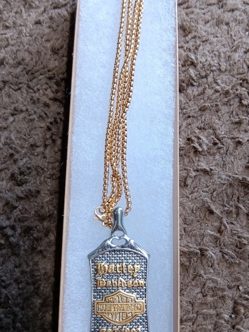 Harley-Davidson Gold and Silver Two-Tone Logo Old English Dog Tag Necklace
